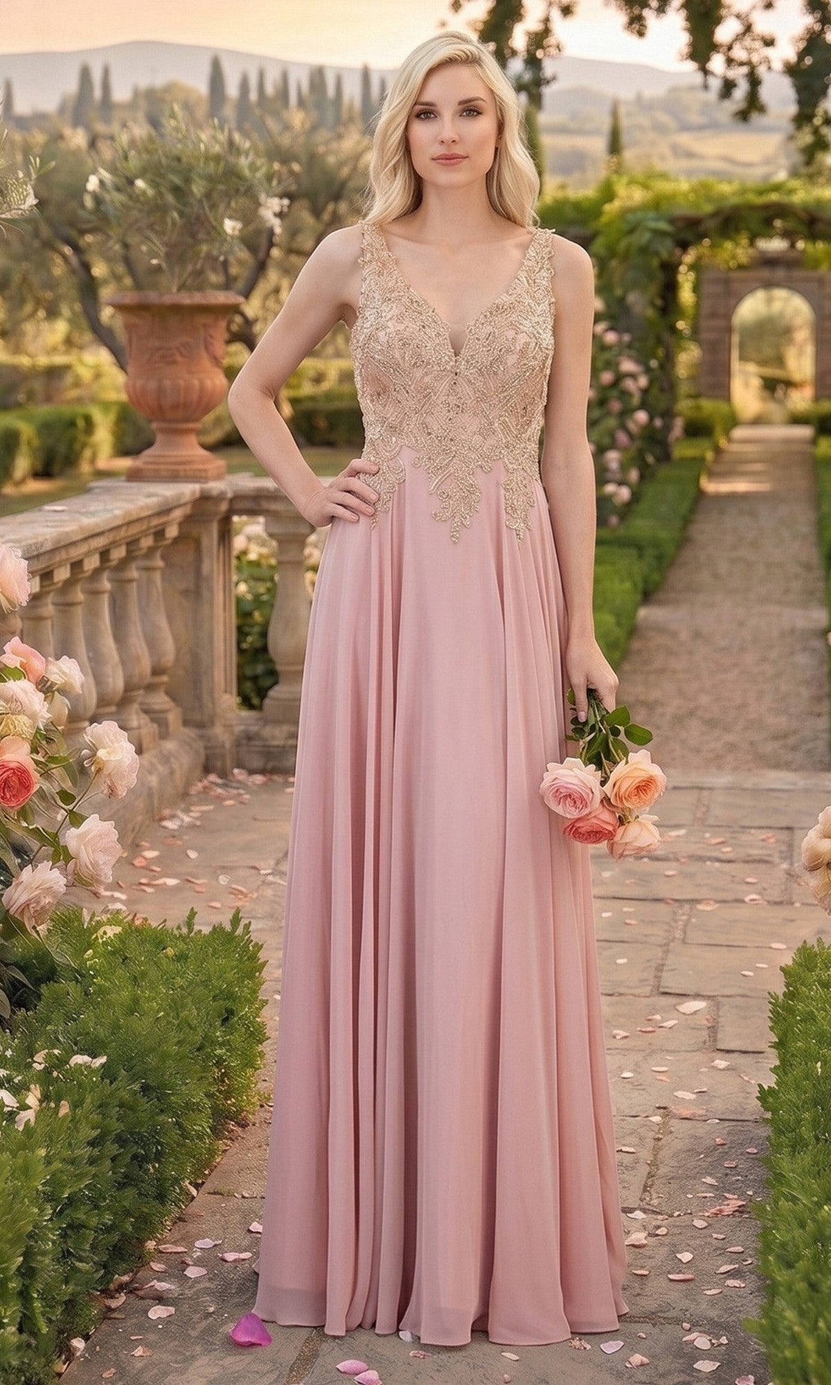A woman in the Chicas DM4006 long formal dress in dusty rose, featuring a sleeveless design and an embroidered bodice, stands on a garden path holding roses, surrounded by flowers and greenery under soft daylight.